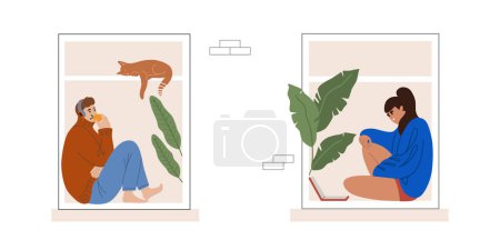 Téléchargez les illustrations : Fenêtres de quartier illustration vectorielle de style plat. Jeune femme et hommes près des fenêtres avec chat. Assis sur le rebord de la fenêtre. Isolé - en licence libre de droit