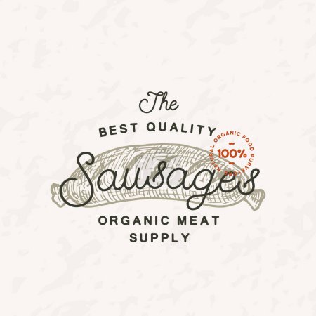 Illustration for Vintage Vector Label Logo Template. Engraving Style Meat Illustration with Typography. Hand Drawn Retro Sausages Drawing Emblem. Isolated - Royalty Free Image
