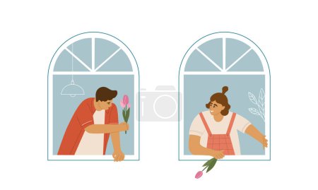 Téléchargez les illustrations : Fenêtres de quartier illustration vectorielle de style plat. Jeune femme et hommes près des fenêtres avec des fleurs. Sur le rebord de la fenêtre. Isolé - en licence libre de droit