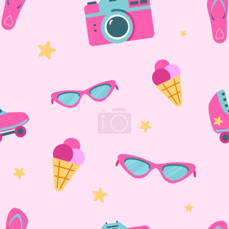 Illustration for Barbiecore hot pink roller skates, cameras, eyeglasses and icecream vector seamless pattern. Doll themed colorful wallpaper background - Royalty Free Image