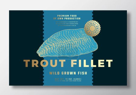 Illustration for Wild Trout Fillet Abstract Vector Packaging Label Design Template. Modern Typography Banner, Hand Drawn Fish Fillet Sketch Silhouette. Color Paper Background Layout with Gold Foil. Isolated - Royalty Free Image