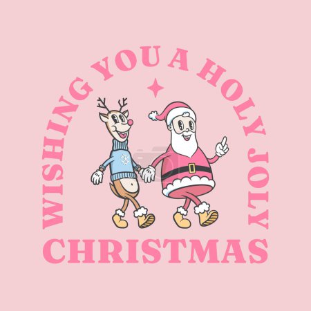 Ilustración de Navidad y Año Nuevo caliente rosa retro personajes de dibujos animados. Santa Claus y Reno amigos gay caminando juntos. Ilustración de Vector Holiday en estilo cómico vintage de moda. Aislado - Imagen libre de derechos