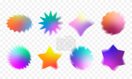 Illustration for Blurry sun starburst shapes set with aura effect. Colorful price offer stars decorative holographic gradient elements collection. Trendy distressed abstract banners vector templates bundle. Isolated - Royalty Free Image