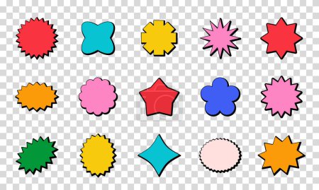 Illustration for Retro sun starburst promo badge shapes set. Colorful price offer stars decorative sun explosion elements collection. Trendy vintage abstract callout cartoon banners vector templates bundle. Isolated - Royalty Free Image