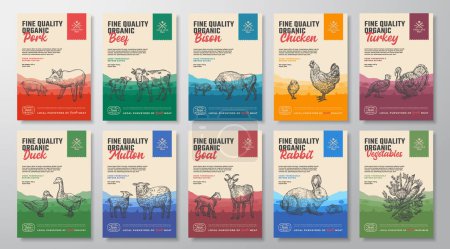 Illustration for Fine Quality Organic Vector Meat Packaging Vertical Label Design Collection. Modern Typography and Hand Drawn Domestic Animals Silhouettes. Rural Pasture Landscape Background Layouts Bundle. Isolated - Royalty Free Image