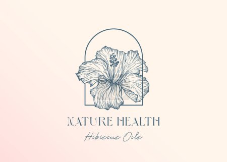 Illustration for Hibiscus hand drawn flower emblem and typography. Trendy health care natural floral oil cosmetics logo template with frame arch. Colorful contemporary decorative gradient background. Isolated - Royalty Free Image