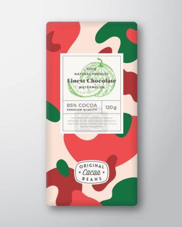 Illustration for Chocolate Label Abstract Shapes Vector Packaging Design Layout with Realistic Shadows and Hand Drawn Watermelons and Colorful Camouflage Pattern Background. Isolated - Royalty Free Image