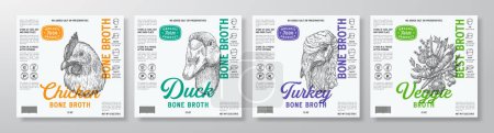 Illustration for Bone Broth Label Templates Set. Abstract Vector Food Packaging Design Layouts Collection. Poultry Vegetables Modern Natural Diet Soup Product Backgrounds with Engraved Style Drawings. Isolated - Royalty Free Image