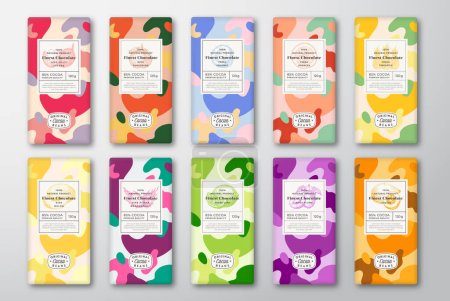 Chocolate Label Template Set. Abstract Shapes Vector Packaging Design Layout with Realistic Shadows Hand Drawn Fruits Silhouette and Colorful Camouflage Pattern Backgrounds Collection. Isolated
