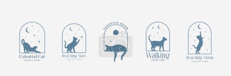 Téléchargez les illustrations : Cadre céleste en arc de boho avec logos chat, lune et étoiles. Collection d'emblèmes abstraits vectoriels minimes. Isolé - en licence libre de droit