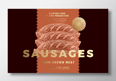 Illustration for Sausages package label. Vector food product design layout with hand drawn illustration. Modern typography banner. Color Paper Background Layout with Gold Foil Effect. Isolated - Royalty Free Image