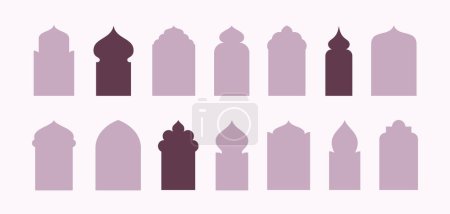 Téléchargez les illustrations : Collection d'illustrations de fenêtres de cadre de forme islamique. Architecture arabe géométrique arc porte silhouettes colorées ensemble. Les icônes de la mosquée Ramadan Kareem. Isolé - en licence libre de droit