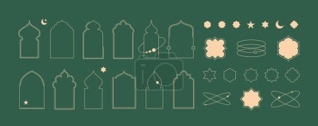 Téléchargez les illustrations : Formes de cadre de fenêtre islamique avec étoiles et éléments de lune collection d'illustrations. Arc géométrique architecture arabe silhouettes de porte ensemble. Portes de la mosquée Ramadan Kareem icônes Isolé - en licence libre de droit