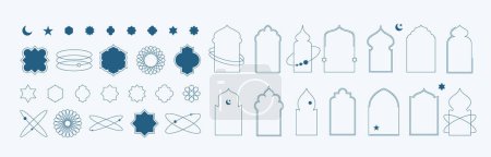 Ilustración de Marcos de ventana islámica formas con estrella y elementos lunares ilustraciones colección. Conjunto de siluetas de puerta de arco geométrico arquitectura árabe. Ramadán Kareem mezquita puertas iconos Aislado - Imagen libre de derechos