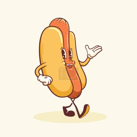 Groovy Hotdog Retro Character Illustration. Salchicha de dibujos animados y bollo caminando sonriente Vector Food Mascot Template. Happy Vintage Cool Fast Food Rubberhose Style Drawing. Aislado