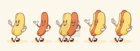 Groovy Hotdog Juego de personajes retro. Salchicha de dibujos animados y bollo caminando sonriente colección de mascotas de vectores de alimentos. Happy Vintage Cool Fast Food Illustrations. Aislado