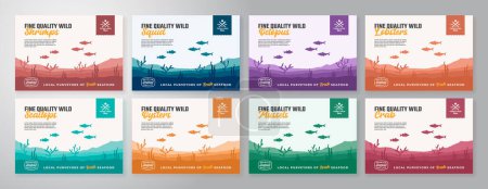 Illustration for Seafood Package Label Templates Set. Colorful Fish Vector Background Banner Layouts Collection. Isolated - Royalty Free Image