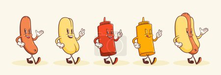 Téléchargez les illustrations : Groovy Hotdog Retro Character Illustrations Set. Modèle de mascotte de nourriture de vecteur de sourire de marche de saucisse de dessin animé, de pain et de bouteille de ketchup. Happy Vintage Cool Fast Food Rubberhose Style dessin. Isolé - en licence libre de droit