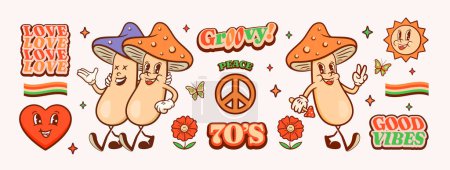 Illustration for Groovy Mushrooms Retro Character Illustrations Set. Cartoon Friends Walking Smiling Vector Logo Mascot Templates Collection Happy Vintage Cool Psychedelic Peace and Love Rubberhose Style Drawings - Royalty Free Image
