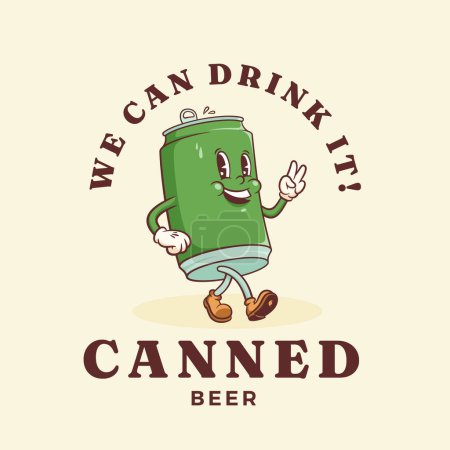 Groovy Beer Cartoon Retro Character Emblem Illustration (en inglés). Beber lata puede caminar sonriente Vector logotipo de la mascota plantilla. Dibujo de estilo de goma de bebida alcohólica fresca Vintage feliz. Aislado