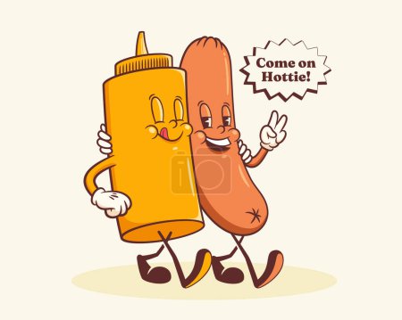 Maravillosa etiqueta de personajes retro Hotdog. Embutido de dibujos animados y mostaza Botella caminando sonriente Vector Plantilla de mascota de alimentos. Happy Vintage Cool Fast Food Ilustración con tipografía. Aislado