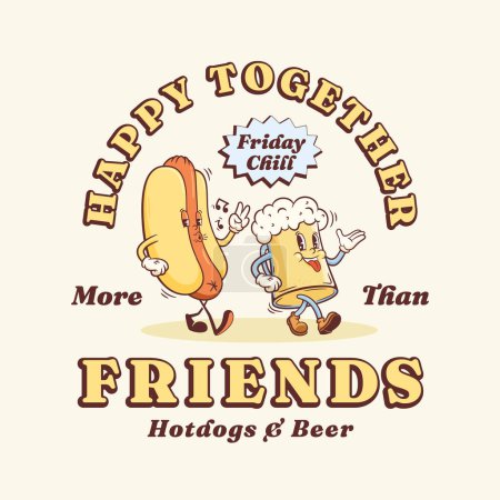 Groovy Hotdog y la taza de cerveza plantilla de etiqueta de carácter retro. Dibujos animados salchicha, pan y bebida vidrio caminando sonriente Vector alimento mascota ilustración. Happy Vintage comida rápida goma estilo dibujo emblema
