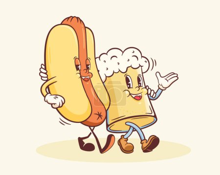 Groovy Hotdog and Beer Mug Retro Character Illustration. Cartoon Sausage, Bun and Drink Glass Walking Smiling Vector Food Mascot Template Happy Vintage Cool Fast Food Rubberhose Style Drawing
