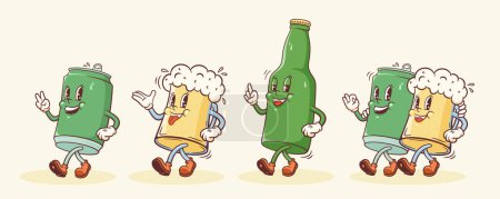 Groovy taza de cerveza y puede retro carácter ilustración. Dibujos animados bebida vidrio y bebida contenedor caminando sonriente vector alimento mascota plantilla. Dibujo de estilo de goma de bebidas frescas Vintage feliz