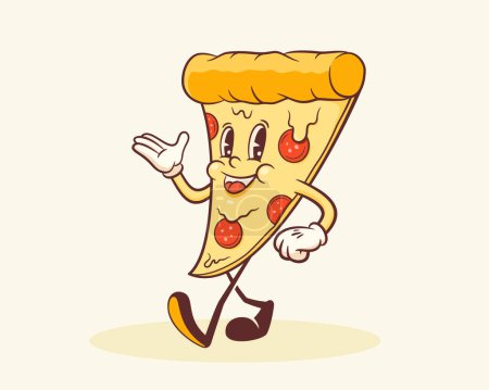 Téléchargez les illustrations : Caractère Rétro Groovy Pizza. Cartoon Food Slice Walking and Smiling. Modèle de mascotte vectorielle pour aliments rapides. Happy Vintage Cool Illustration. Isolé - en licence libre de droit