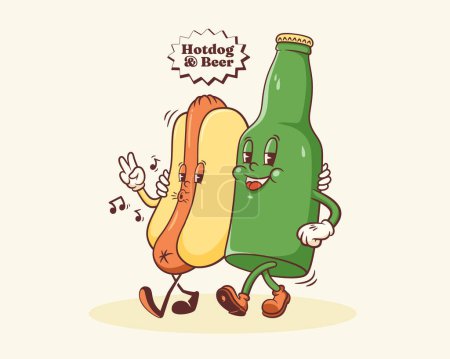 Groovy Hotdog and Beer Retro Character Illustration (en inglés). Dibujos animados salchichas, bollo y botella caminando sonriente vector comida mascota plantilla feliz vintage fresco comida rápida goma estilo dibujo