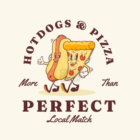 Groovy Pizza and Hotdog Retro Characters Label Template. Cartoon Food Slice and Wiener Sausage with Bun Walking and Smiling. Vector Fast Food Mascot Emblem Template Vintage Sign Illustration Isolated