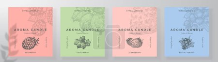 Illustration for Aroma candle label design templates set. Scented air freshener product sticker mockup backgrounds collection. Fruit berries scent decorative packaging layouts bundle - Royalty Free Image