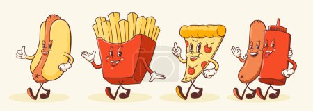 Ilustración de Groovy Pizza, Hotdog y papas fritas Personajes Ilustración. Retro Cartoon Fast Food Mascota Walking Smiling Vector Set. Colección de dibujos estilo manguera de goma Vintage Snacks felices - Imagen libre de derechos