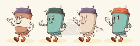 Illustration for Groovy Coffee Mug Retro Characters Set. Cartoon Food Paper Cup Walking and Smiling. Vector Fast Food Beverage Mascot Templates Collection. Happy Vintage Cool Illustrations. Isolated - Royalty Free Image