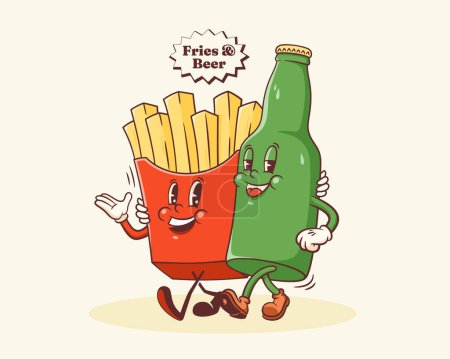Illustration for Groovy French Fries and Beer Retro Characters Label. Cartoon Potato and Bottle Walking Smiling Vector Food Mascot Template. Happy Vintage Cool Fast Food Illustration with Typography. Isolated - Royalty Free Image