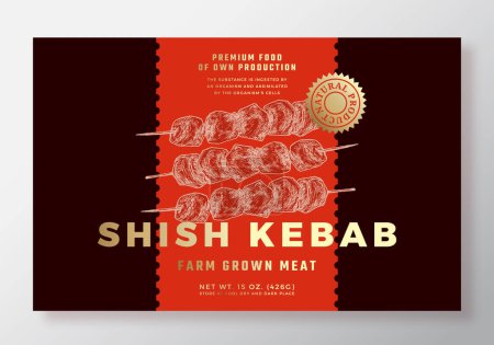 Téléchargez les illustrations : Modèle de conception d'étiquette d'emballage vectoriel d'aliments Shish Kebab cultivé à la ferme. Bannière de typographie moderne, silhouette de croquis de viande de jambon dessinée à la main. Disposition de fond en papier couleur avec feuille d'or. Isolé - en licence libre de droit