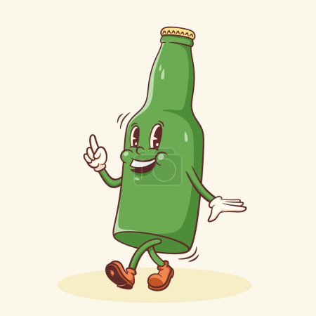 Groovy Beer Cartoon Retro Character Emblem Illustration. Drink Bottle Walking Smiling Vector Logo Mascot Template. Happy Vintage Cool Alcohol Beverage Rubber Hose Style Personage Drawing. Isolated