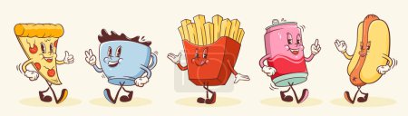 Illustration for Fast Food Retro Cartoon Characters Set. Groovy Pizza, Hotdog, Coffee, Soda, French Fries Mascot Illustrations. Street Food Snacks Walking Smiling Personage Vintage Vector Drawings Collection. Isolated - Royalty Free Image