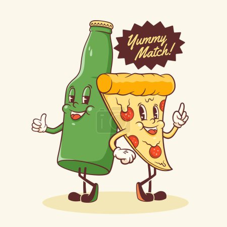 Illustration for Groovy Pizza and Beer Retro Characters Label. Cartoon Slice and Bottle Walking Smiling Vector Food Mascot Template. Happy Vintage Cool Fast Food Illustration with Typography. Isolated - Royalty Free Image