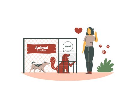 A woman stands in front of a cage with a dog. The concept of animal protection. Vector illustration