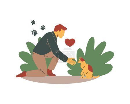 recreation, sticker, cartoon, clip art, entertainment, spring, template, wallpaper, drawing, pleasure ground, little animal, yard, equipment, turn game, happy people, gym suit, kid man petting a dog with a heart on the ground. Flat style vector illus