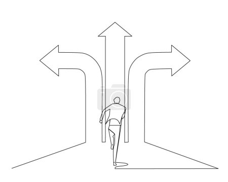 Kontinuierliche einzelne Linie, die einen Geschäftsmann zeichnet, der in 3 verschiedene Pfeilrichtungen läuft. Konzept der Berufswahl. Designvektorillustration