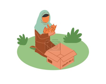 Muslim woman with a cat in a box. Animal caring adoption and fostering Flat vector illustration.