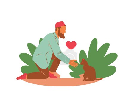 Ein arabischer junger Mann füttert freiwillig eine Katze und Pflanzen in der Parkszene. Tierpflege und Adoptionskonzept.