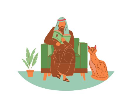 Arabic man sitting in armchair and reading book with a cheetah. Flat vector illustration. Animal adoption and fostering concept and design