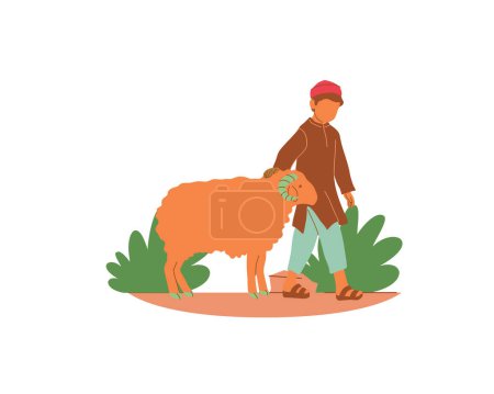 Young happy farmer with a sheep. Flat vector illustration on white background. Animal fostering and adoption concept design