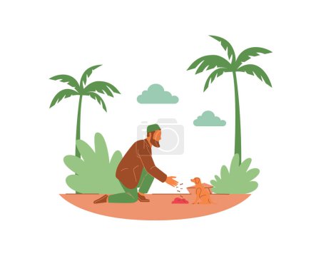 An arabian young man feeds a cat in the park. Vector design of animal adoption and fostering concept and illustration in flat style.