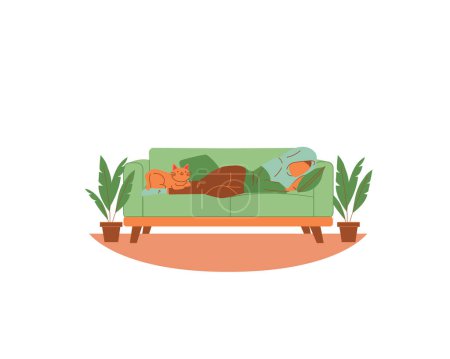 cute young Muslim Arabic girl sleeps with a cat in sofa next to  houseplants. vector illustration design for animal fostering and adoption concept