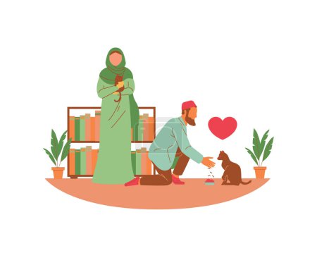 Muslimische Männer und Frauen lieben und füttern die Katzen im Wohnzimmer. Moderner Flat-Style-Vektor zur Adoption von Tieren und zur Förderung der Illustration.