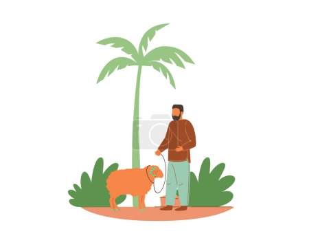 Arabian young man walking with sheep next to a palm tree, flat vector illustration isolated on white background.